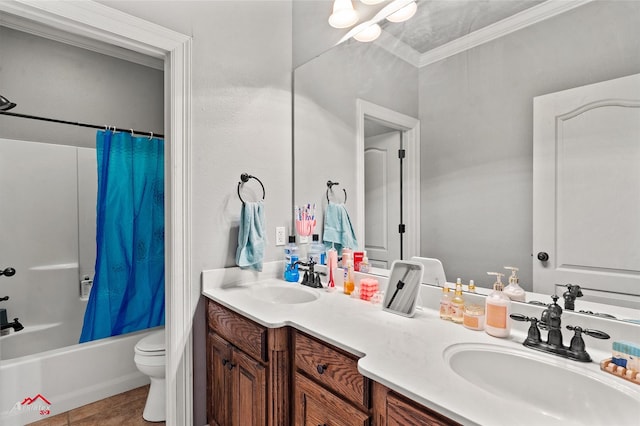 full bathroom with tile patterned flooring, toilet, shower / tub combo with curtain, vanity, and ornamental molding