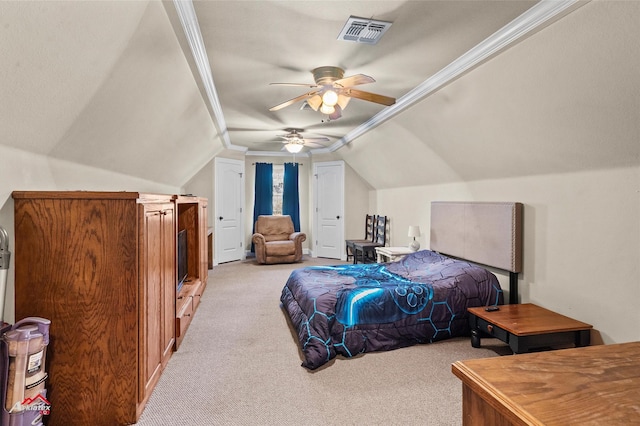 bedroom with ceiling fan, lofted ceiling, ornamental molding, and light carpet