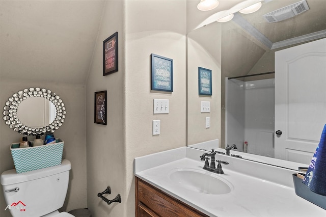 bathroom featuring vanity, toilet, and lofted ceiling