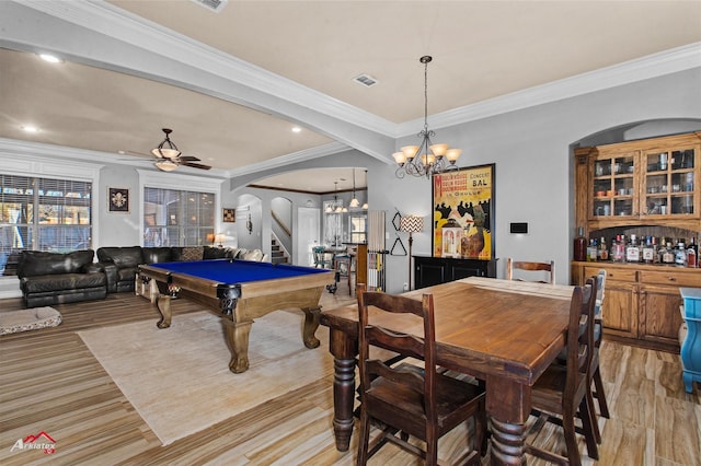 playroom with ceiling fan with notable chandelier, crown molding, billiards, and light hardwood / wood-style flooring