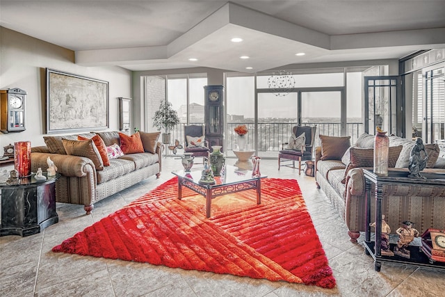 living room with floor to ceiling windows