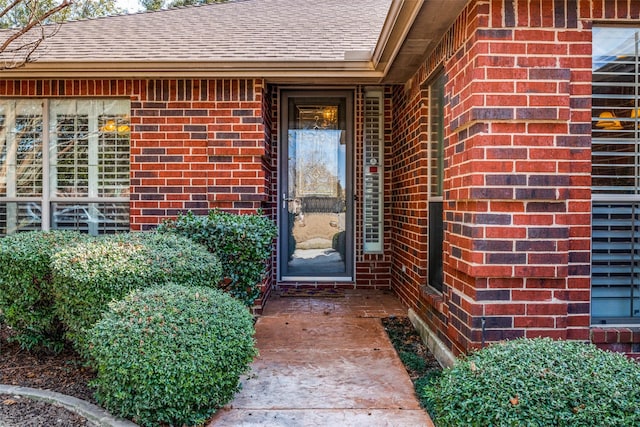 doorway to property featuring brick siding and a shingled roof