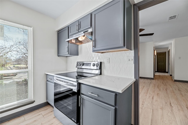 kitchen with gray cabinetry, ceiling fan, light hardwood / wood-style floors, and stainless steel electric range oven