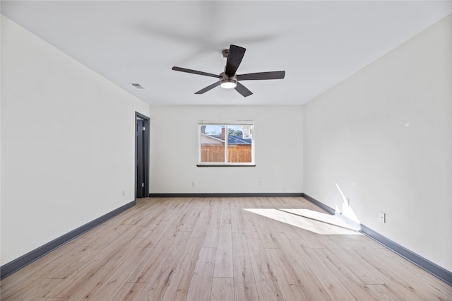 empty room featuring ceiling fan and light hardwood / wood-style flooring