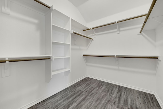 spacious closet featuring dark hardwood / wood-style flooring and vaulted ceiling