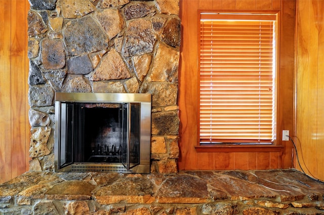 details featuring a stone fireplace