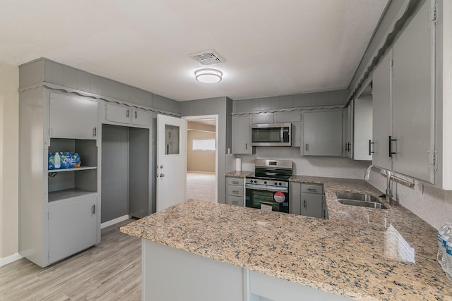 kitchen featuring sink, gray cabinets, appliances with stainless steel finishes, light hardwood / wood-style floors, and kitchen peninsula