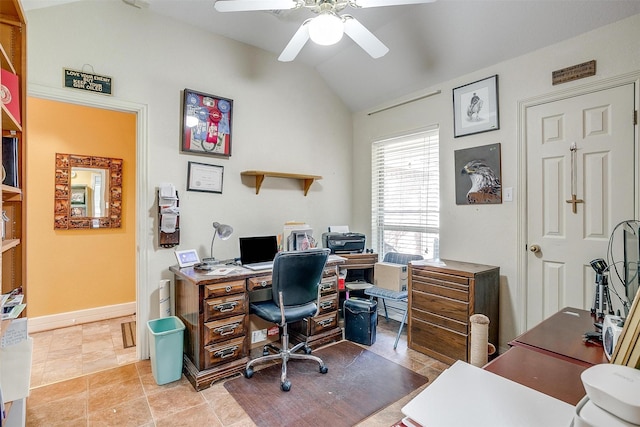 office area with light tile patterned floors, ceiling fan, and lofted ceiling