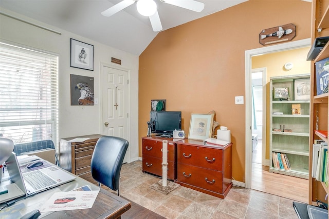 office space with ceiling fan and lofted ceiling