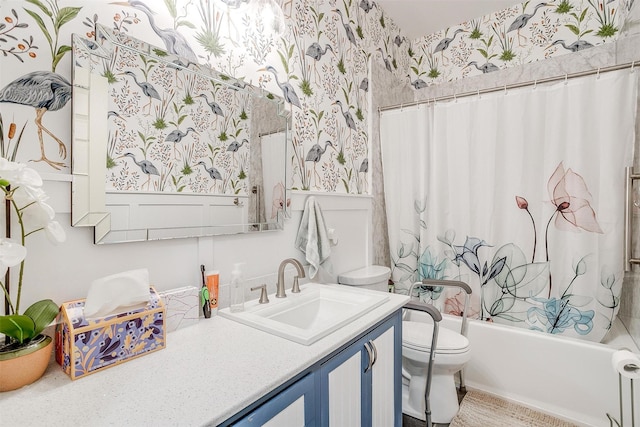 full bathroom featuring vanity, shower / bath combo, and toilet