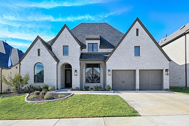 french country style house with a front yard and a garage