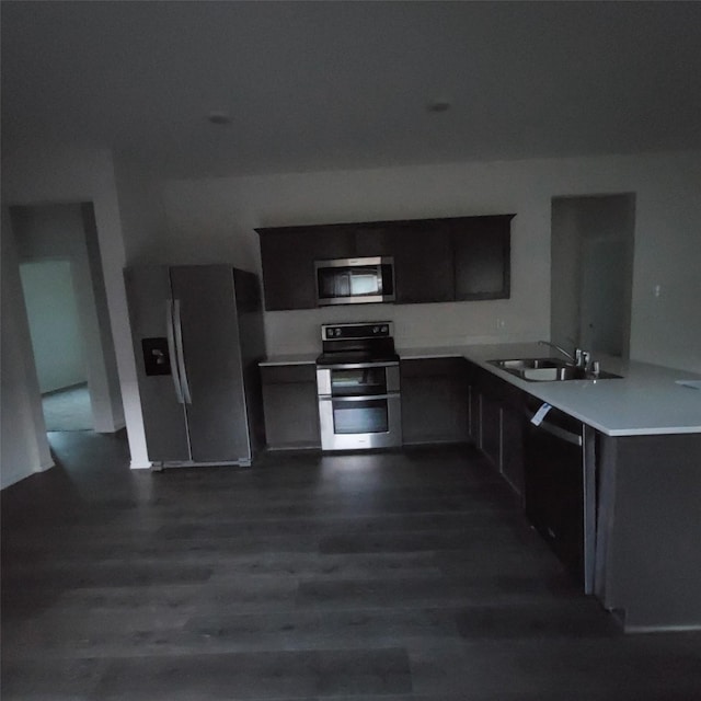 kitchen with kitchen peninsula, appliances with stainless steel finishes, dark hardwood / wood-style flooring, and sink