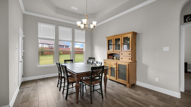 dining room with a chandelier and a tray ceiling