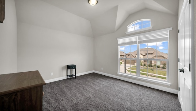 interior space with dark colored carpet and vaulted ceiling