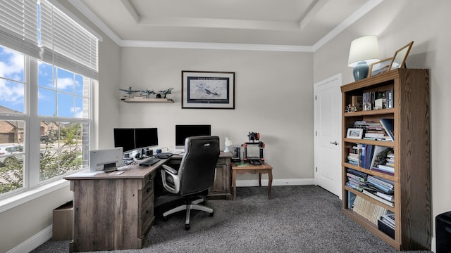 carpeted home office featuring a tray ceiling