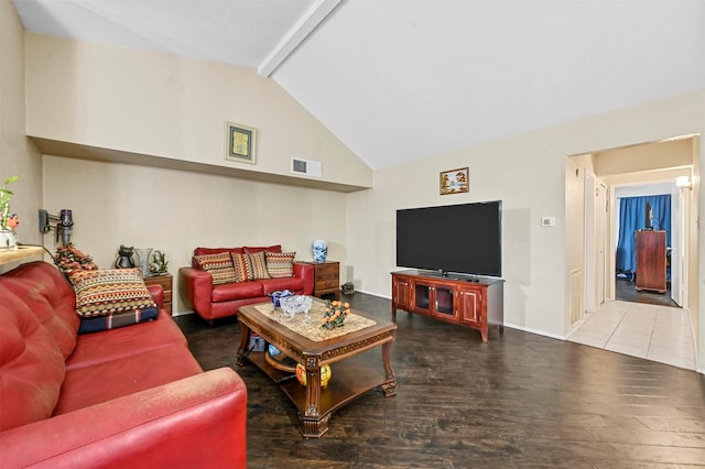 living room with lofted ceiling with beams and dark wood-type flooring