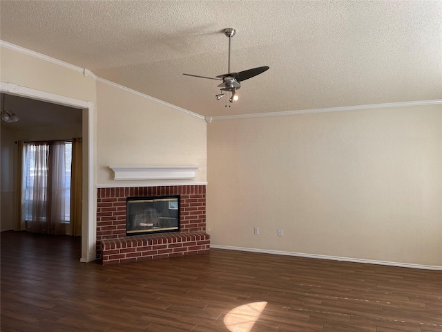 unfurnished living room featuring a textured ceiling, ceiling fan, and dark wood-type flooring