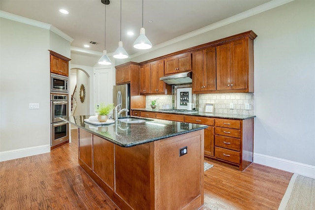 kitchen featuring appliances with stainless steel finishes, tasteful backsplash, sink, pendant lighting, and an island with sink