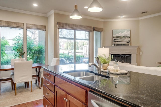 kitchen featuring dishwasher, sink, hanging light fixtures, dark stone countertops, and hardwood / wood-style floors