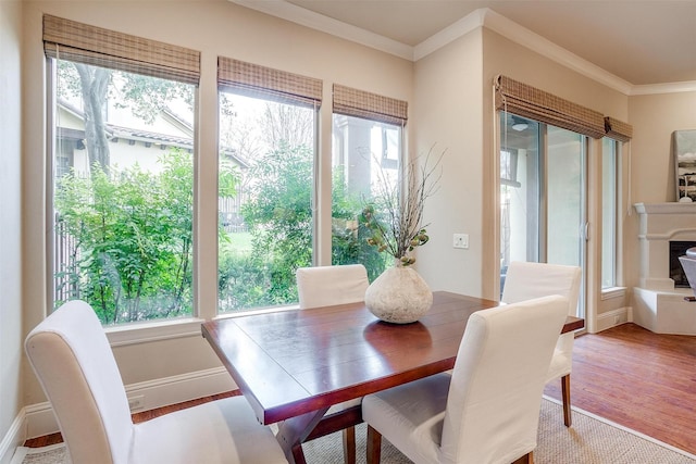 dining room with hardwood / wood-style floors and crown molding