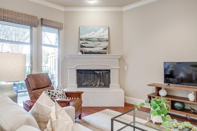 living room featuring hardwood / wood-style floors and ornamental molding