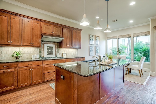 kitchen featuring sink, hanging light fixtures, an island with sink, dark stone counters, and light wood-type flooring