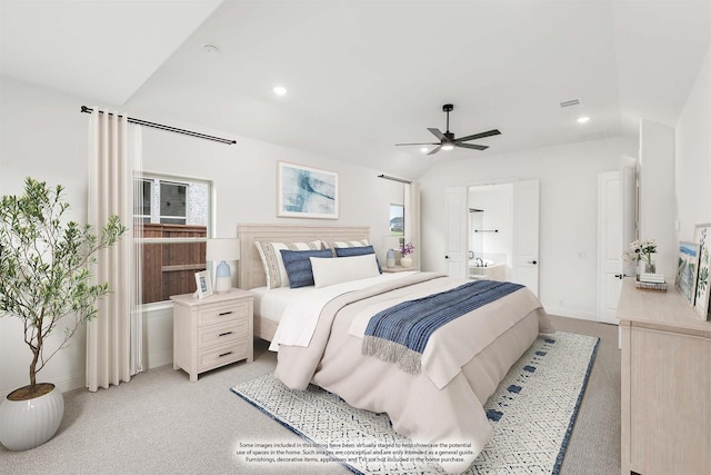 bedroom featuring recessed lighting, light carpet, vaulted ceiling, and visible vents