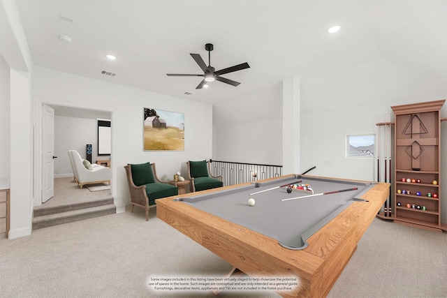 game room featuring carpet, recessed lighting, visible vents, a ceiling fan, and billiards