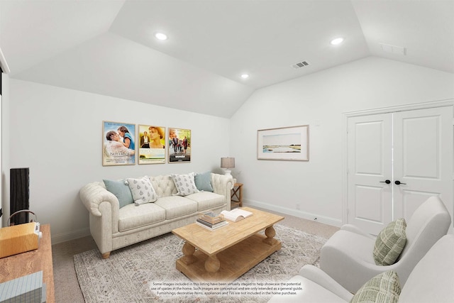 living area with lofted ceiling, light carpet, visible vents, and baseboards