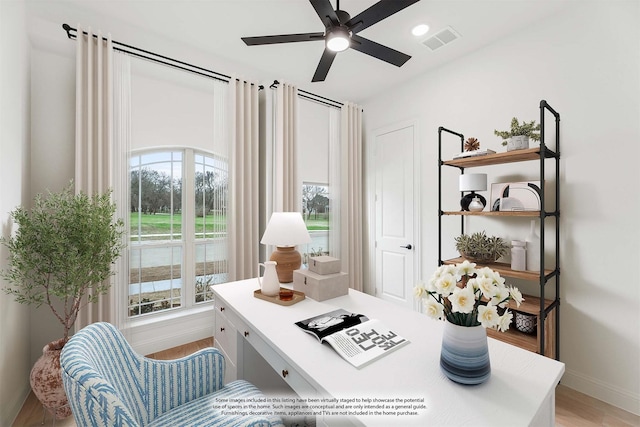 office with light wood finished floors, baseboards, visible vents, ceiling fan, and recessed lighting