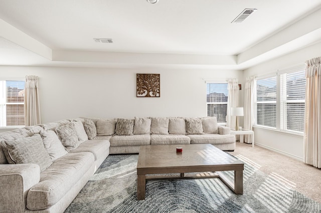 living room featuring carpet and a tray ceiling