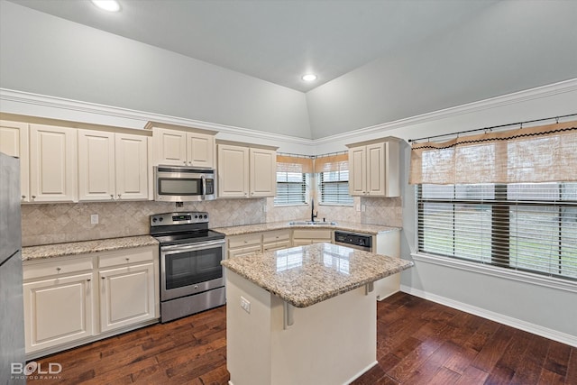 kitchen with light stone counters, sink, lofted ceiling, and appliances with stainless steel finishes