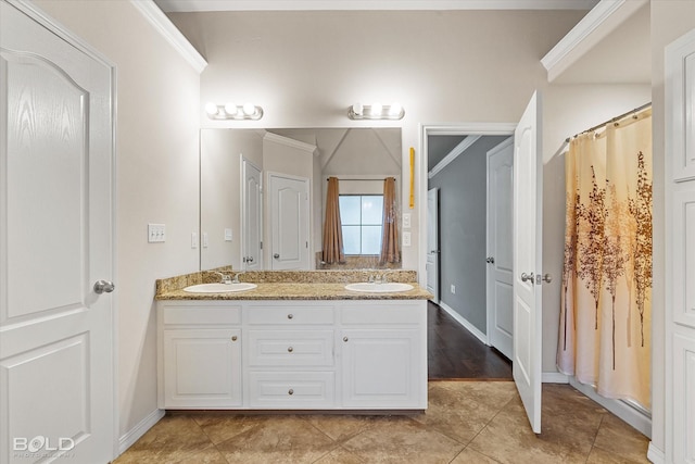 bathroom featuring tile patterned floors, a shower with curtain, vanity, and ornamental molding