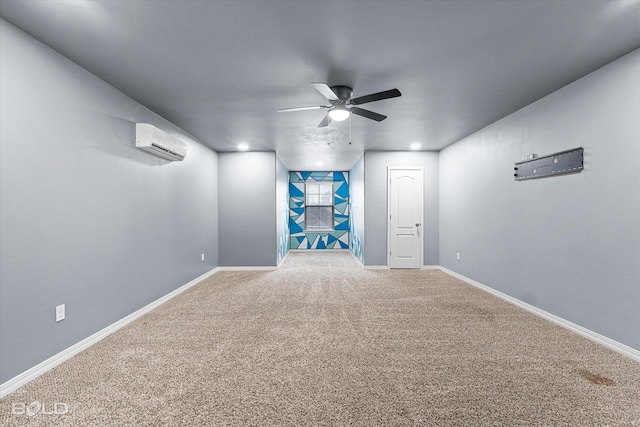 spare room featuring carpet flooring, an AC wall unit, and ceiling fan