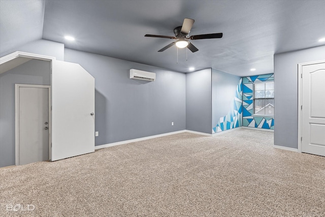 basement featuring carpet floors, a wall mounted AC, and ceiling fan