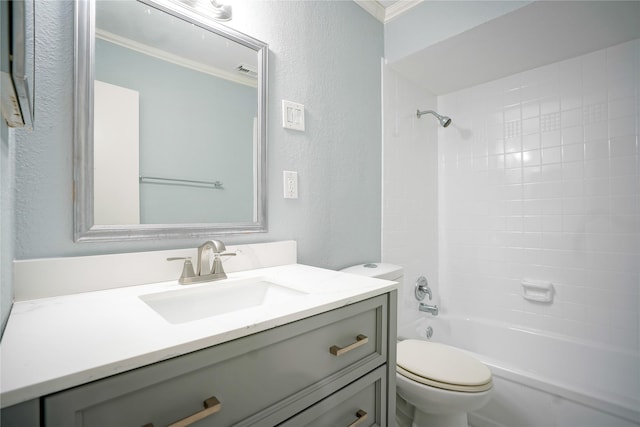 full bathroom with vanity,  shower combination, ornamental molding, and toilet