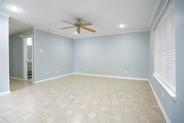 empty room with crown molding, ceiling fan, and a healthy amount of sunlight