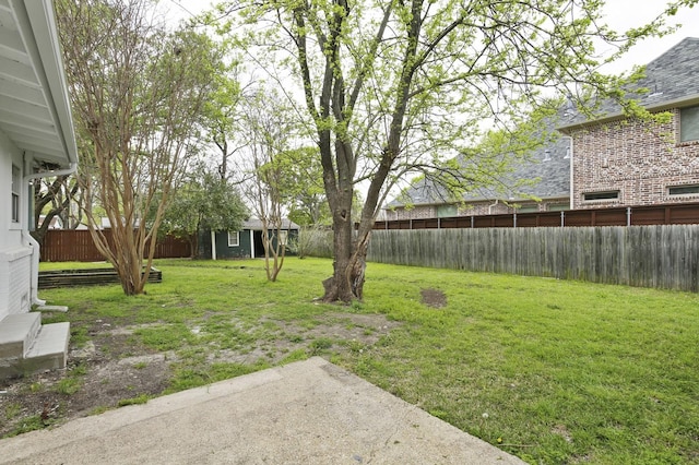 view of yard featuring a patio and an outbuilding