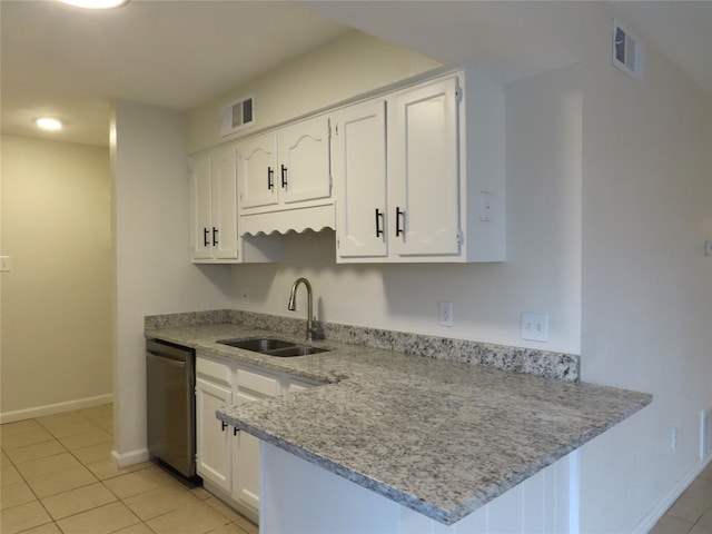 kitchen with light stone countertops, sink, stainless steel dishwasher, kitchen peninsula, and white cabinets