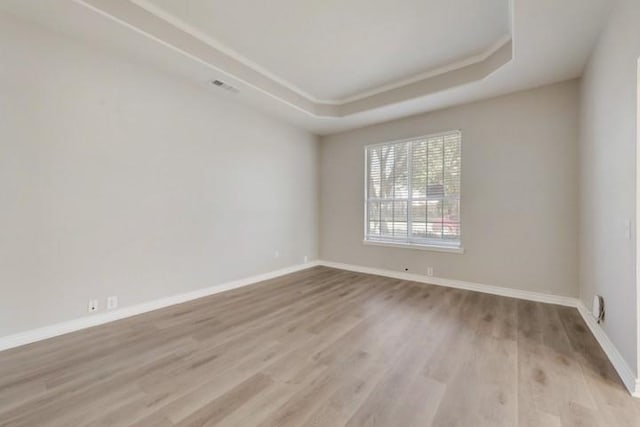 spare room featuring a raised ceiling and light hardwood / wood-style flooring