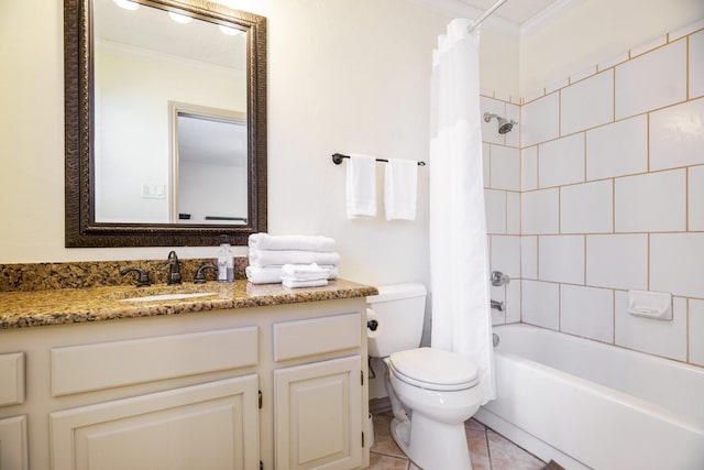 full bathroom with vanity, tile patterned flooring, ornamental molding, and toilet