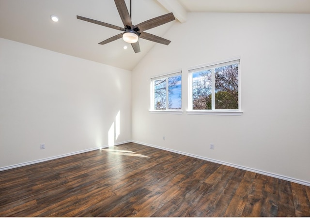 empty room featuring lofted ceiling with beams, ceiling fan, and dark wood-type flooring