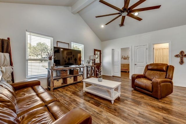 living room featuring beam ceiling, radiator heating unit, ceiling fan, and hardwood / wood-style floors