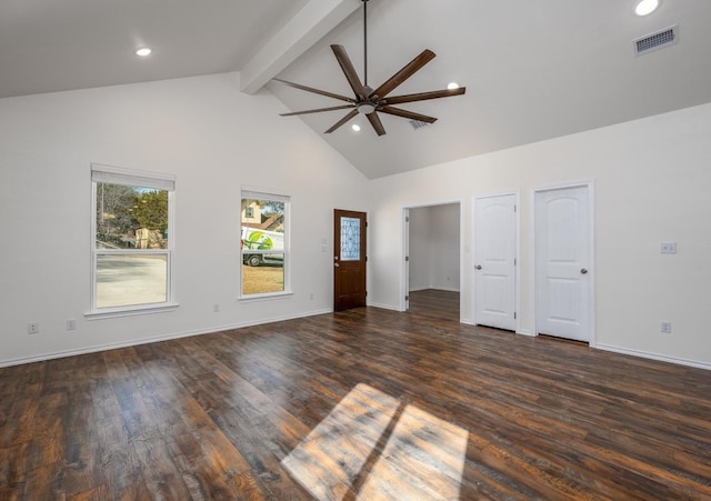 unfurnished living room with beamed ceiling, dark hardwood / wood-style floors, high vaulted ceiling, and ceiling fan