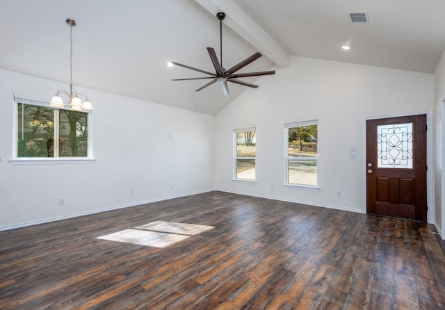 entrance foyer featuring dark hardwood / wood-style flooring, beamed ceiling, ceiling fan with notable chandelier, and high vaulted ceiling