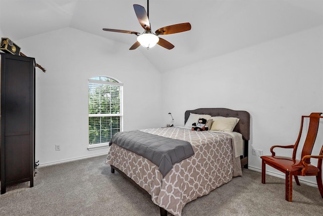 carpeted bedroom featuring ceiling fan and lofted ceiling