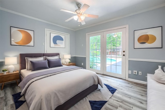 bedroom featuring access to outside, ceiling fan, ornamental molding, and hardwood / wood-style flooring