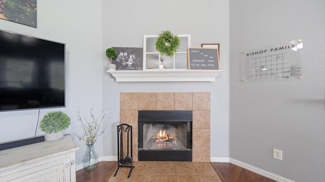 details with a fireplace and hardwood / wood-style flooring