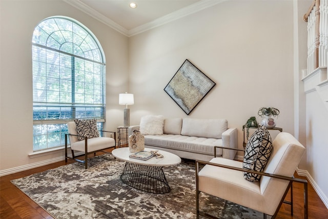 living area with ornamental molding and wood-type flooring