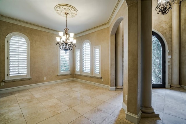 unfurnished dining area with a healthy amount of sunlight, light tile patterned flooring, and crown molding